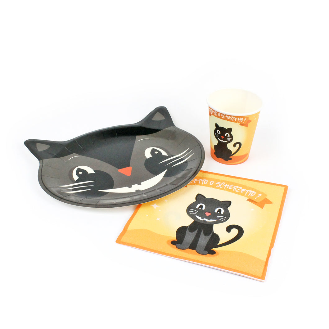 Kit bicchieri, piatti e tovaglioli Gatto Nero di Halloween