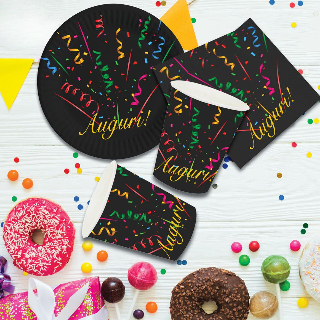 Set bicchieri, piatti e tovaglioli auguri black